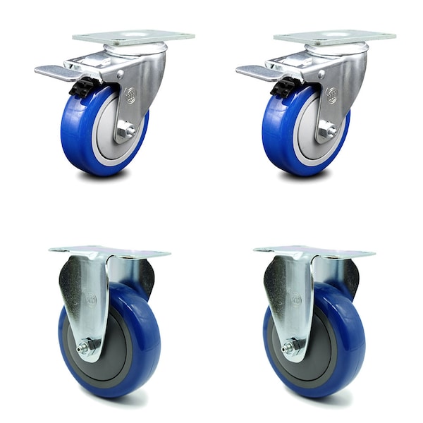 4 Inch Blue Polyurethane Swivel Top Plate Caster Lock Brakes 2 Rigid SCC, 2PK